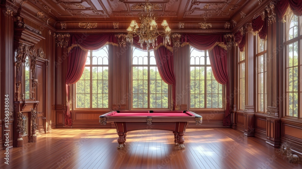 Poster a luxurious billiards room featuring a red table and large windows