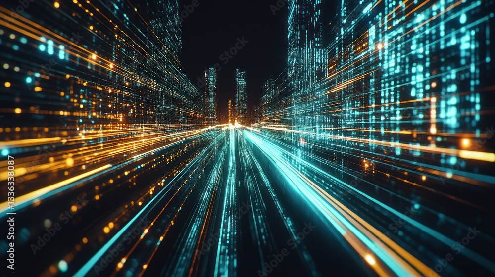 Poster Digital representation depicting a futuristic cityscape with illuminated data streams