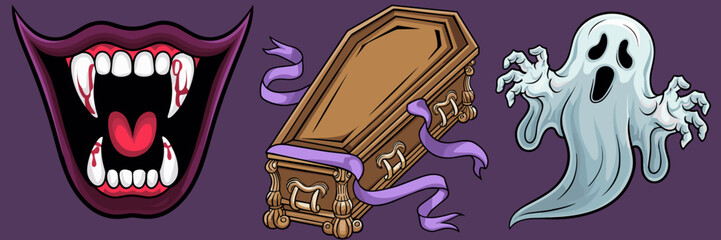 Sharp vampire teeth with blood, ornate coffin with purple ribbon, and floating spooky ghost in purple-themed vector illustration