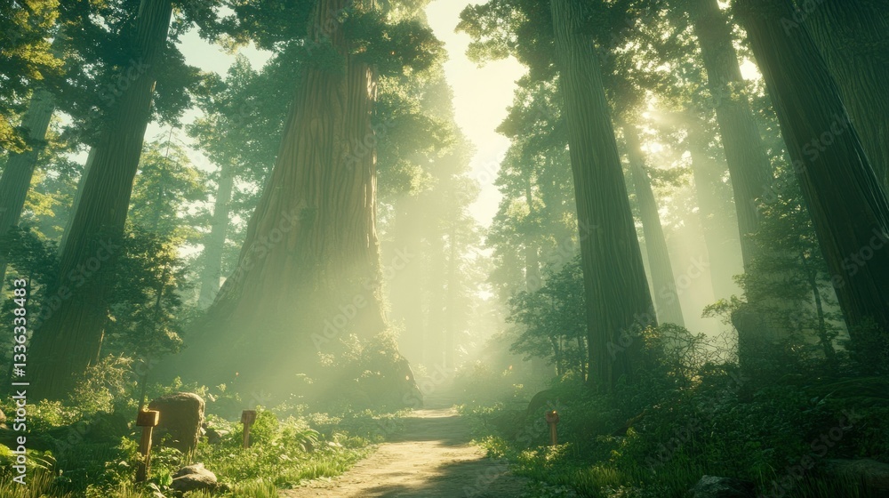 Poster Sunlight streams through the ancient trees of a beautiful forest