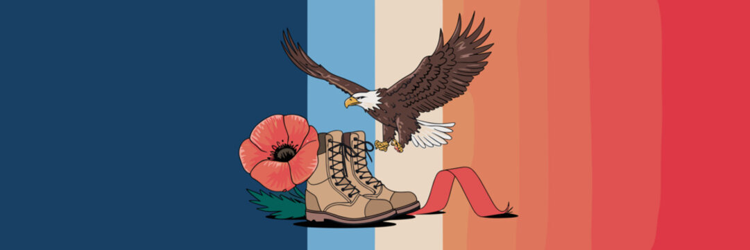 Vector illustration of a flying eagle, soldier’s boots, remembrance ribbon, and poppy flower – Suitable for Remembrance Day graphics, veteran memorials, or military tributes.