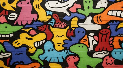 Vibrant colorful abstract doodle art mural on a brick wall. Perfect for backgrounds, websites, or kids' projects.