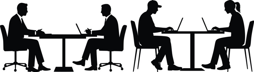 Silhouette illustration of multiple people working at desks with laptops in a collaborative environment
