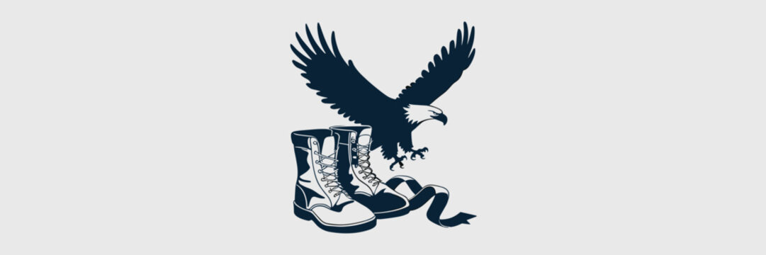 Vector icon of an eagle in flight above soldier’s boots and a remembrance ribbon – Great for military-themed logos, memorial projects, or patriotic symbols.