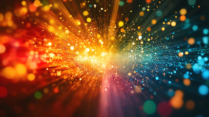 Fototapeta premium Colorful bursts of light with vibrant bokeh in red orange green and blue against dark background