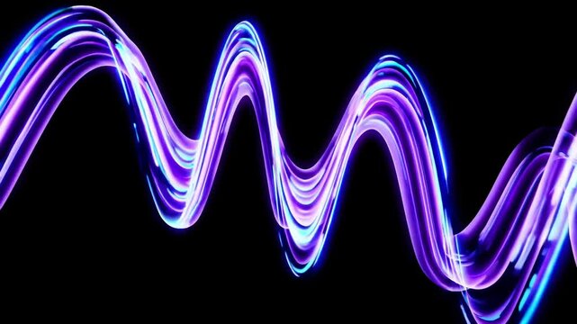 Purple and blue neon light trails create a mesmerizing visual display, pulsating and flowing against a deep black background, forming an abstract and dynamic composition