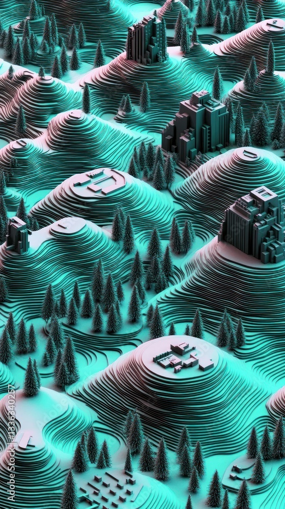Aufkleber abstract landscape featuring buildings and simulated topographical contour lines