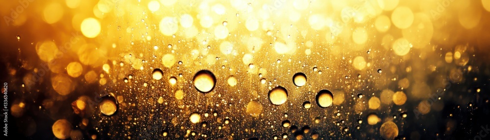 Poster golden yellow background with blurred out bokeh shapes and droplets