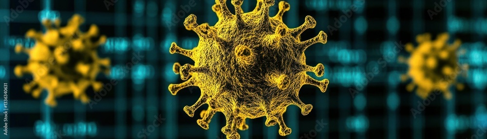 Poster three stylized depictions of a viral particle floating in the air