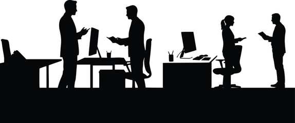Silhouette illustration of multiple people working in an office setting, using laptops and making dynamic movements