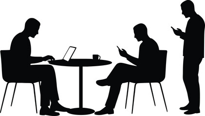 Silhouette illustration of multiple people working in an office setting, using laptops and making dynamic movements