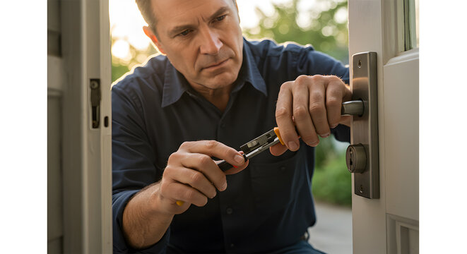 locksmith repairing door lock mechanism with specialized tools