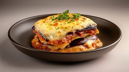 Minimalist style eggplant parmesan delight gourmet kitchen food photography clean aesthetic close-up view