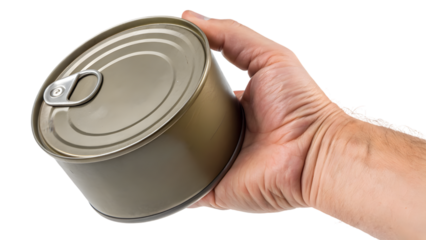 hand holding ration can with opener isolated on white