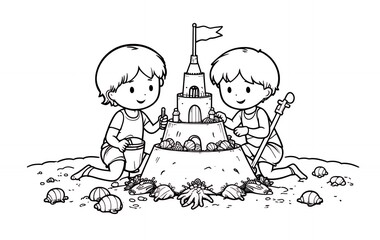 Children Building Sandcastle at Beach Together Summer Activity Line Art