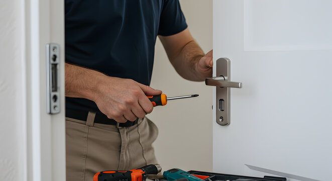 Professional locksmith repairing door lock mechanism with specialized tools in residential interior