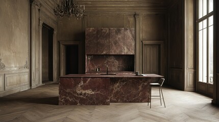 A luxurious kitchen showcasing a contemporary design with marble features