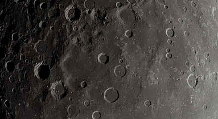 Closeup moon surface with meteorite impact craters. Space exploration. International Day of Human Space Flight, World Space Week. Black and white minimalist lunar texture. Monochrome interior poster.