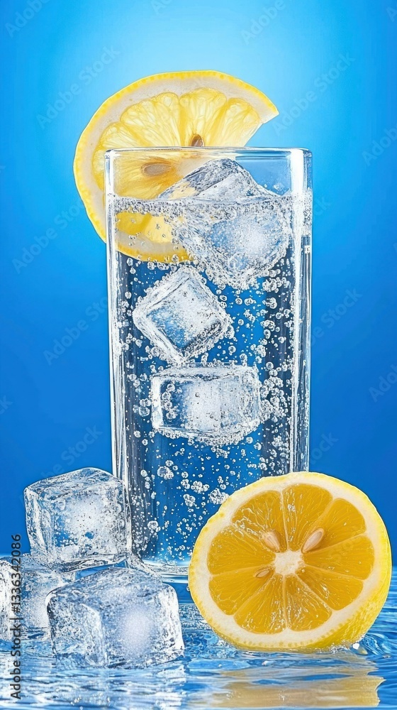 Poster A refreshing beverage with lemons and ice cubes on display