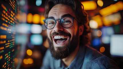 Obraz premium Office scene of professionals joyfully reacting to positive stock trading results