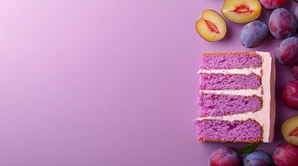 Minimalist style plum cake slice with gradient background food photography soft purple palette