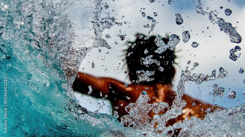 Poster a person emerges from an abstract wave of splashing water