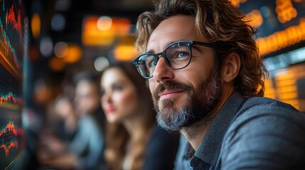 Fototapeta premium Business colleagues in a dynamic office setting reacting to a stock market breakthrough