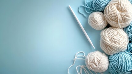 Minimalist style knitting setup cozy craft space yarn and needle calm environment top-down view