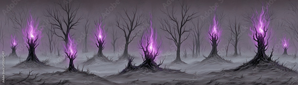 Poster purple glowing fire emanating from bizarre trees in a forest