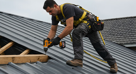 Roofing service. Electric drill used on new roofs with metal sheet