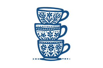 Minimalist line art of three stacked teacups with floral patterns