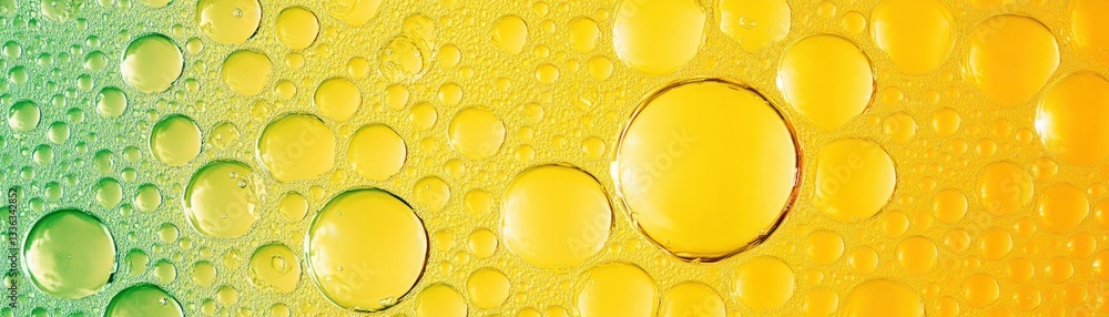 Poster yellow and green liquid with bubbles of various sizes and shapes