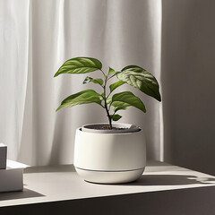 Small Green Plant in White Pot by Window with Soft Sunlight