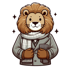 Cute cartoon lion in winter scarf and coat holding hot drink, vector illustration. Perfect for winter holiday content, coffee shop branding, or cozy seasonal designs.
