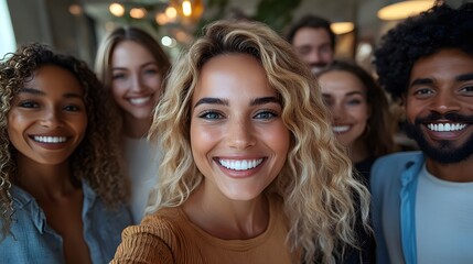 Fototapeta premium Team of executives taking a fun selfie to celebrate workplace success