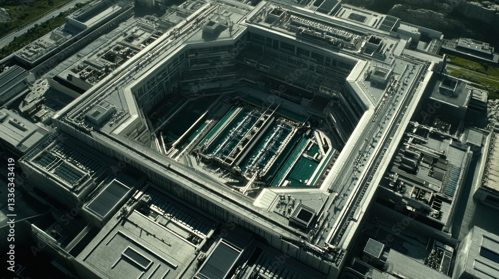 Poster Aerial view displays a large complex with intricate architecture and layout