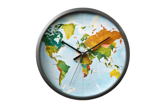 Map clock tracks global time zones