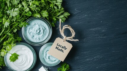 Ethical products and local and materials concept. Fresh herbs and artisanal creams are showcased with a rustic tag labeled "Locally Made," emphasizing natural ingredients and local production.