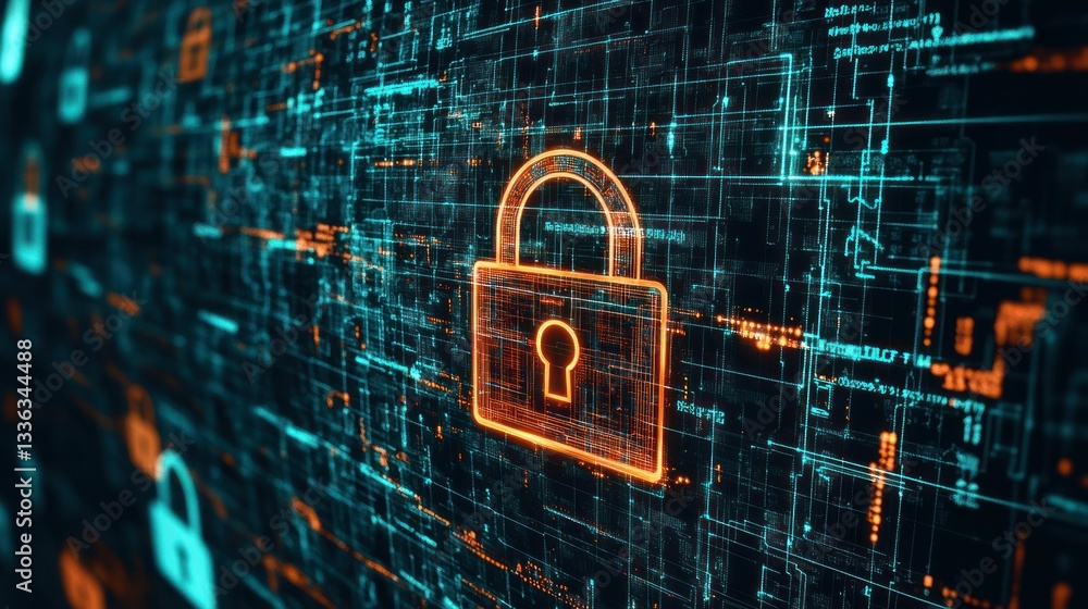 Poster Digital Circuit Board with Illuminated Lock Symbol Represents Security Concept