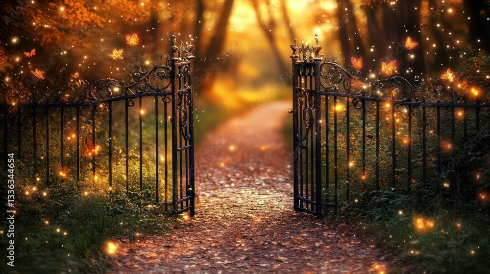 Aufkleber an open gate leading toward a forest path with light