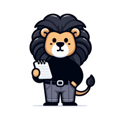 Naklejka premium Cute cartoon lion holding notepad and pen in professional outfit, vector illustration. Perfect for office supplies branding, business blogs, or corporate mascots.