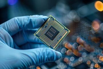 A close-up view of a high-precision technology electronic microprocessor chip held by a scientist wearing blue gloves with a blurred circuit board background