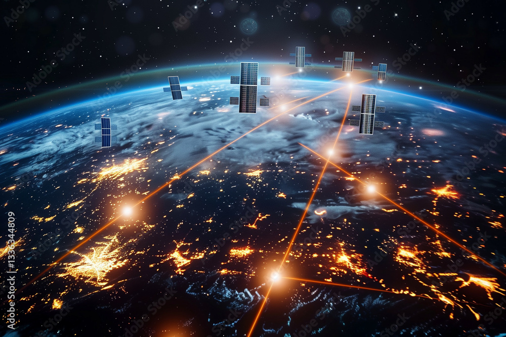 Poster a futuristic depiction of satellite technology orbiting earth, connecting global networks with advan