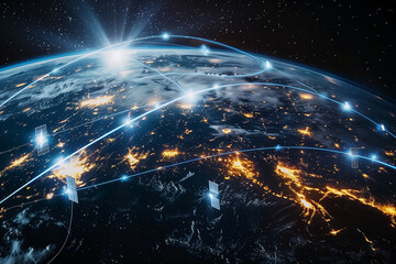 A futuristic depiction of satellite technology orbiting Earth, illustrating global communication, data networks, and interconnectivity with glowing digital pathways