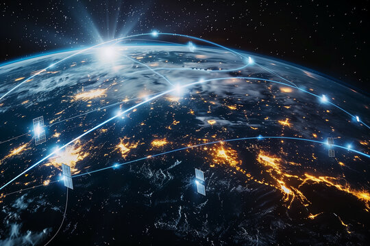 A futuristic depiction of satellite technology orbiting Earth, illustrating global communication, data networks, and interconnectivity with glowing digital pathways