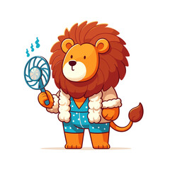 Cartoon overheated lion in winter clothes holding handheld fan. Perfect for climate contrast themes, summer heat waves, temperature regulation products, or seasonal transition content.