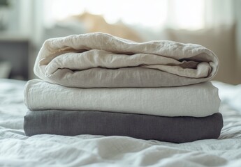 Stack of folded linen blankets in soft, neutral tones on a cozy bed.