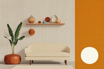 Modern interior design featuring a cozy beige sofa, decorative pottery, and natural elements in an earthy color palette, ideal for home decor inspiration