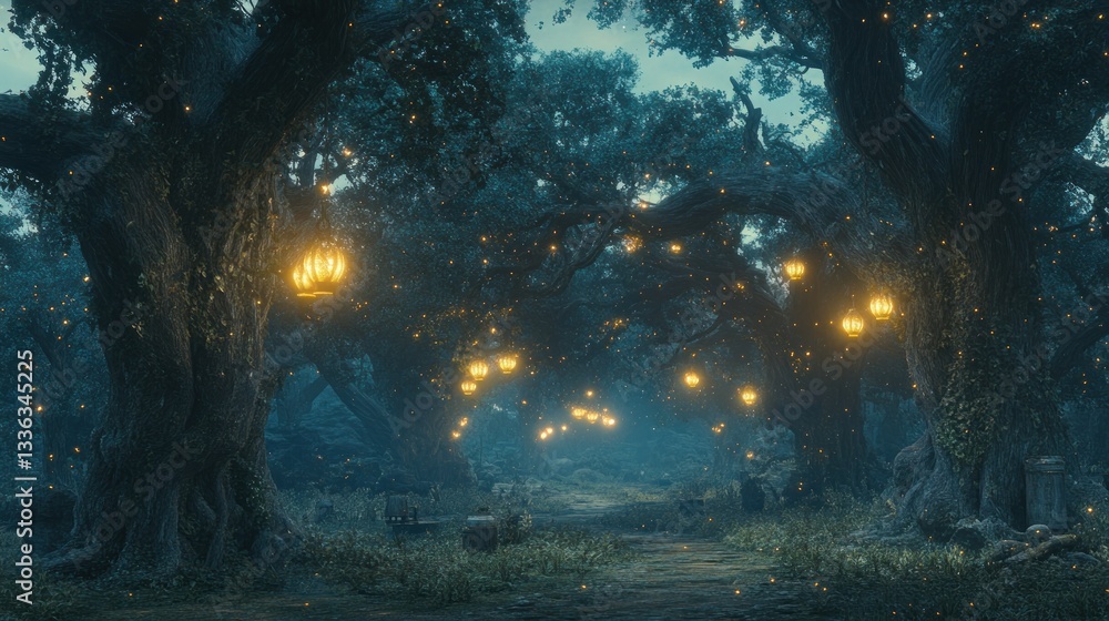 Poster illuminated forest pathway under sprawling trees at twilight hour