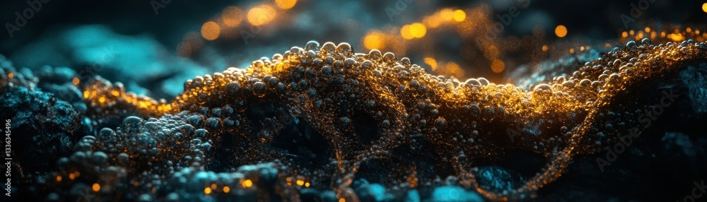 Poster Illuminated abstract textures appear as landscape across a dark background